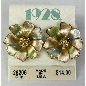 Vintage 1928 Brand Goldtone Flower Clip On Earrings Floral Tri Color Fairycore